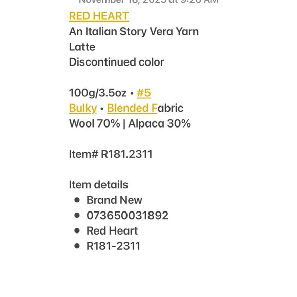 3 Balls Bulky Wool & Alpaca Red Heart An Italian Story Vera Yarn Latte  R181-231 - Picture 5 of 10